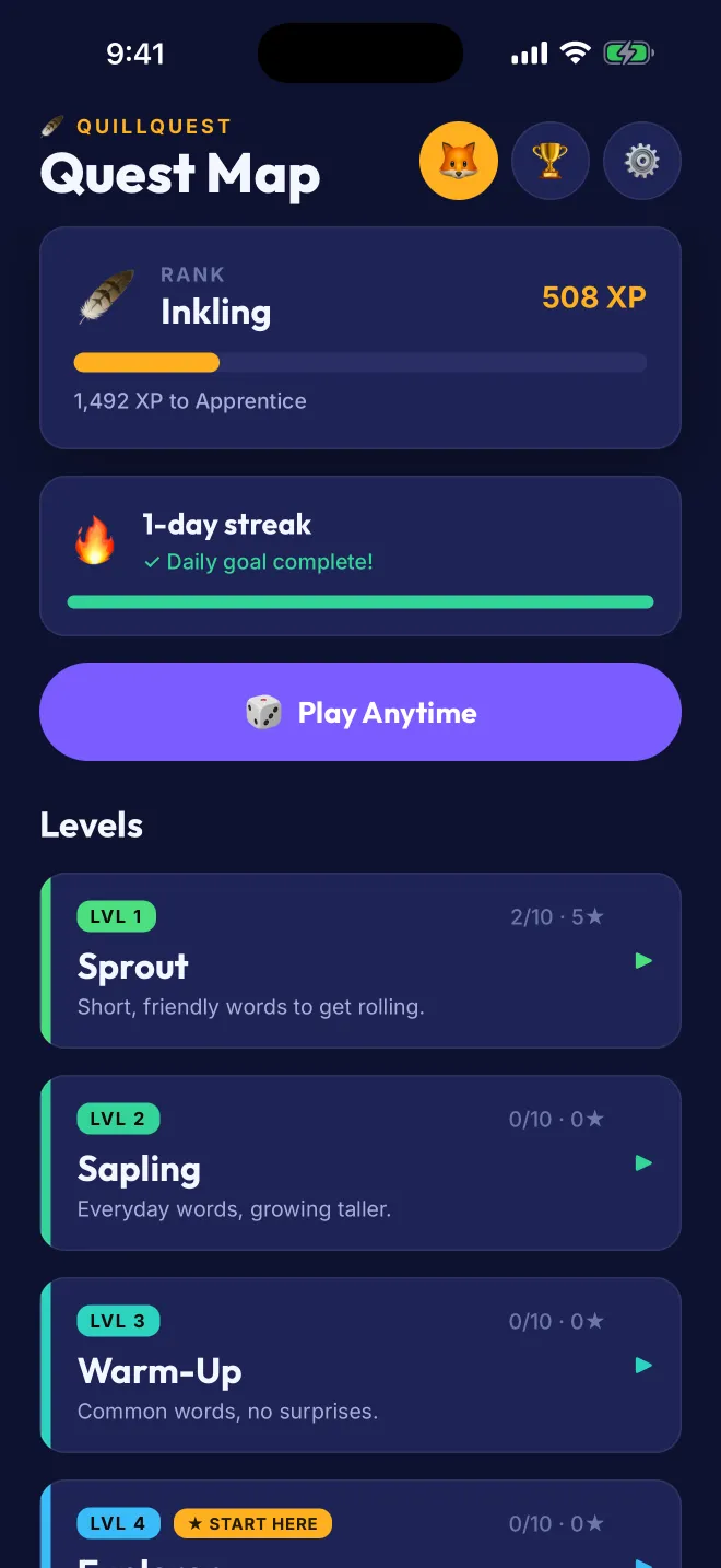 QuillQuest home screen
